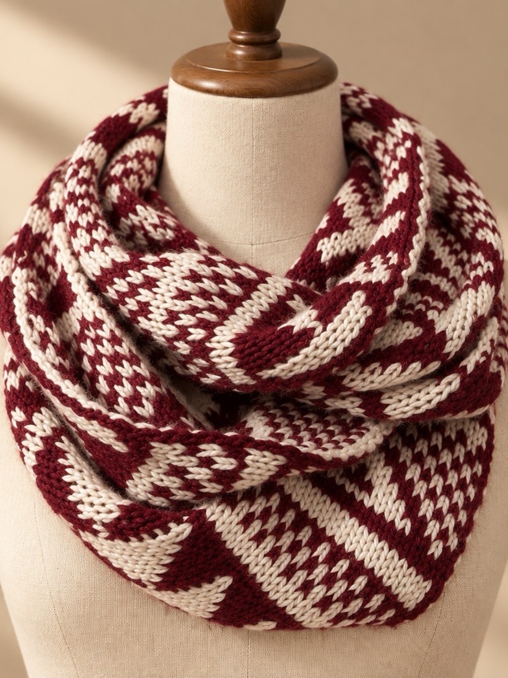 Cozy Knit Infinity Scarf - Burgundy & Cream